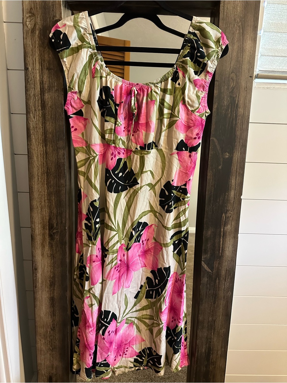 Hibiscus Collection Hawaii Pink Tropical Floral Rayon Midi Dress Size L resort